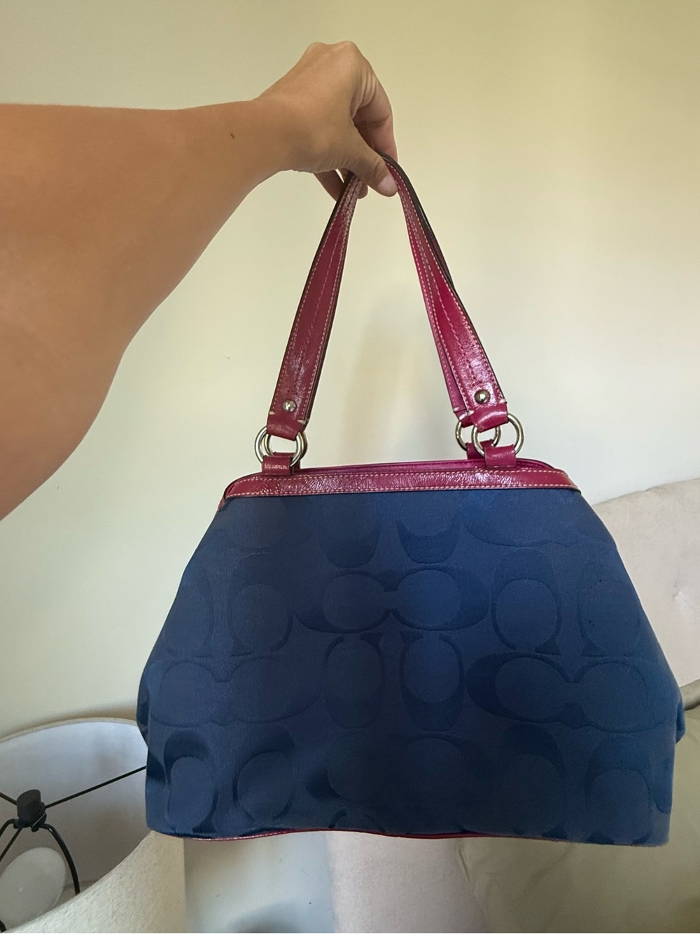 Coach Navy Shoulder Bag with Pink Trim